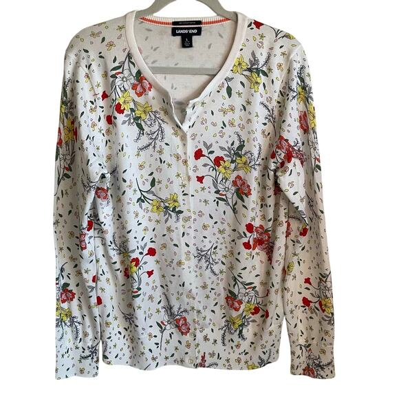 Lands’ End Cardigan Sweater Supima Cotton Button Up Floral Sz L Dainty Feminine - Picture 1 of 9